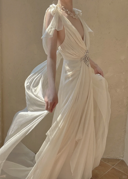 Flowy Retro A Line V Neck Beaded Chiffon Long Prom Dress Evening Dress DP3325