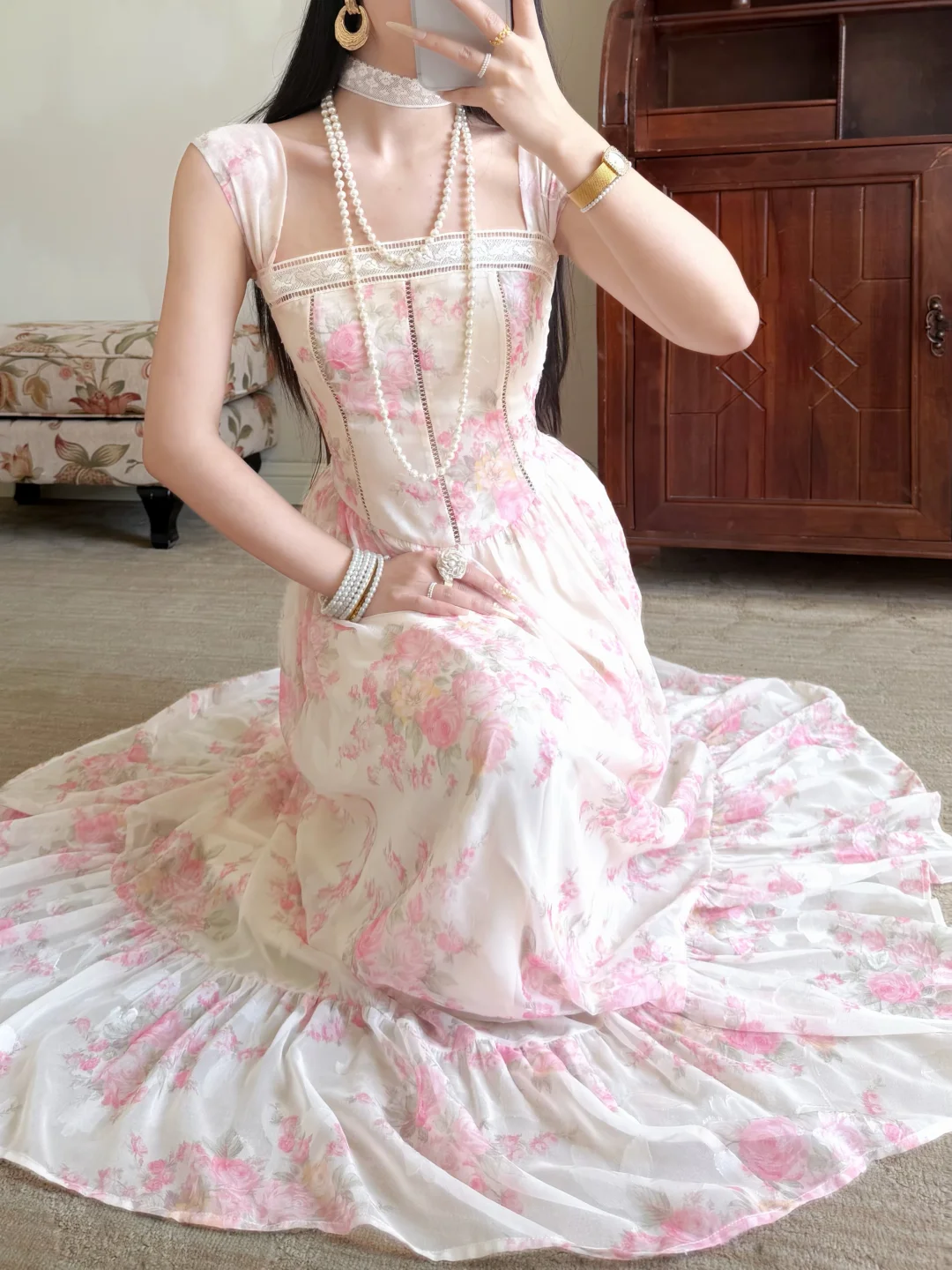 Gentle Pink Print Floral A Line Straps Chiffon Prom Dress Evening Dress DP6233