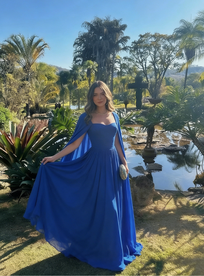 Simple Royal Blue A Line Long Sleeve Chiffon Formal Dress Evening Party Dresses DP3128