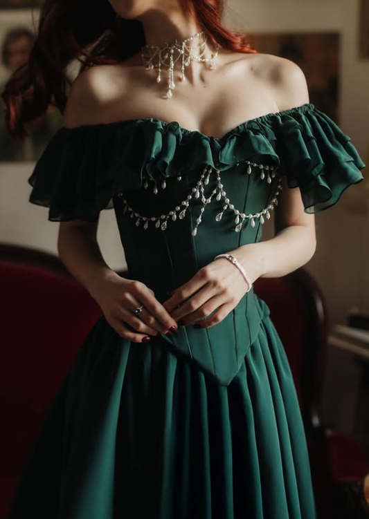 Emerald A Line Off the Shoulder Exquisite Pearl Chiffon Long Prom Dress Evening Dress DP6341