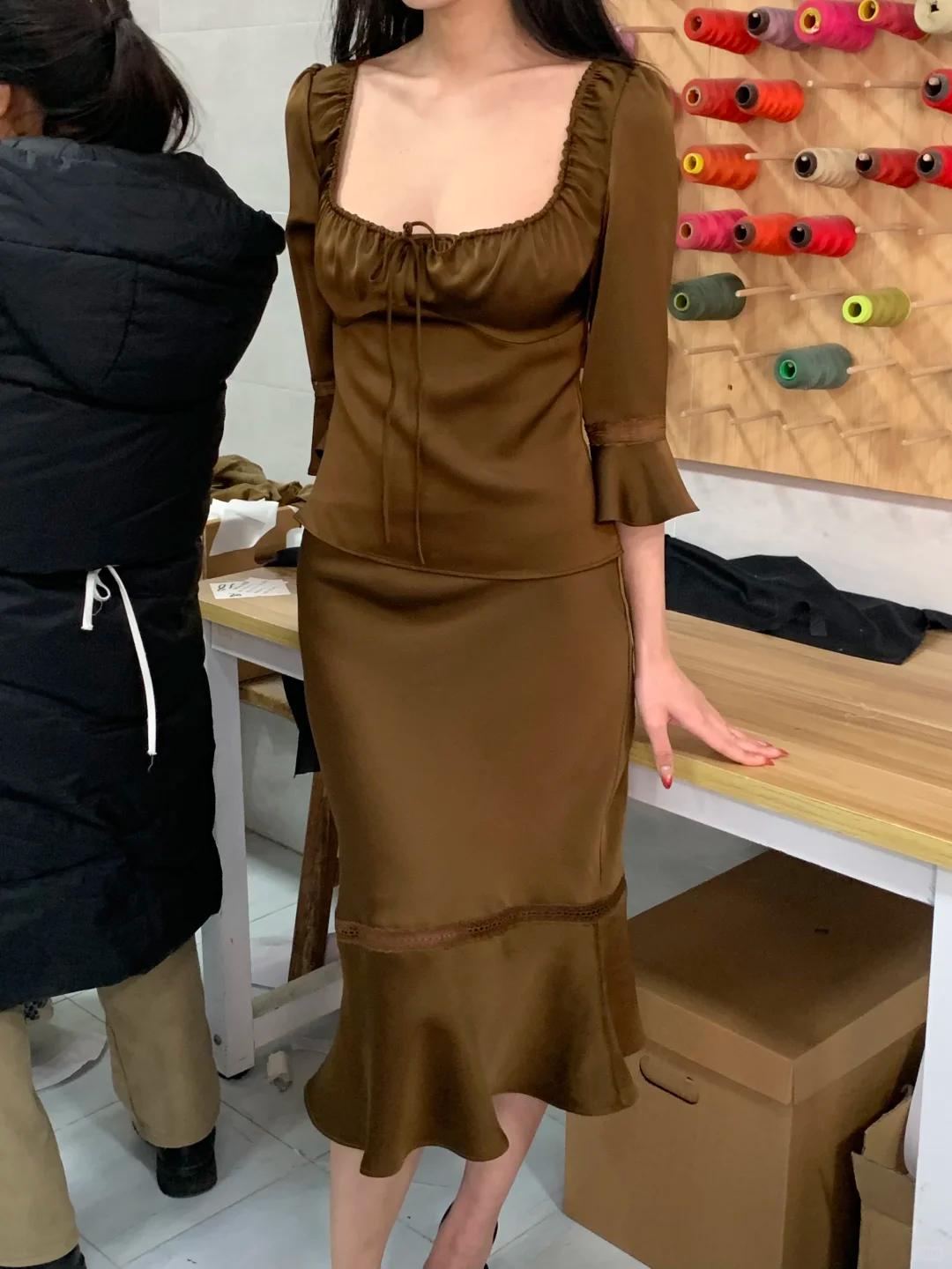 Two Piece Mermaid Long Sleeve Brown Satin Short Homecoming Dress Outfits DP4817