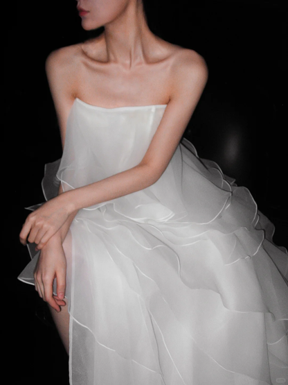 Dreamy A Line Strapless White Layered Organza Wedding Dress DP5303