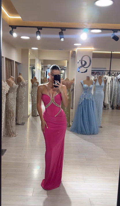 Hot Pink Sheath Halter Rhinestone Velvet Long Prom Dress Evening Dress DP4393
