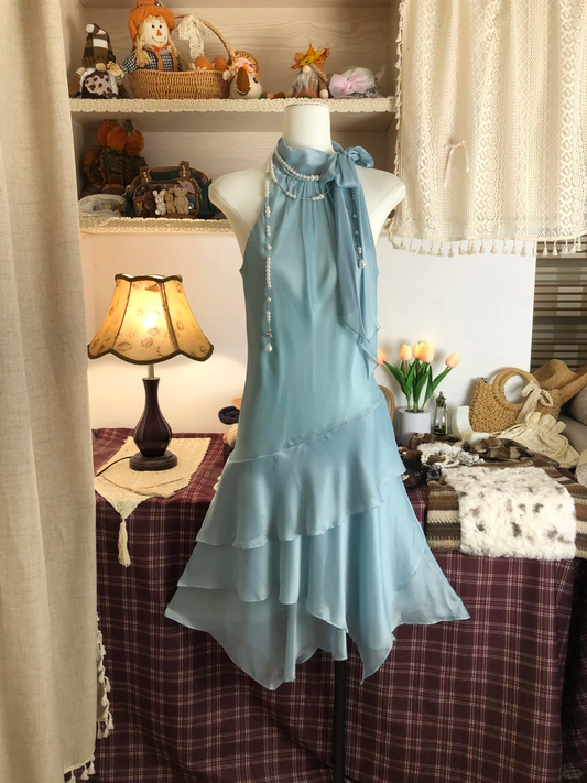Cute A Line Halter Layered Bow Blue Satin Short Cocktail Dress Homecoming Dress DP2437