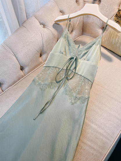 Sexy Green Mermaid Spaghetti Strap Lace Satin Prom Dress Wedding Guest Dress DP4485