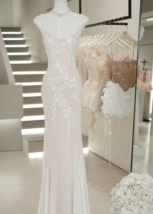 Elegant White Sheath Spaghetti Strap Lace Appliques Tulle Prom Dress Evening Dress DP6140