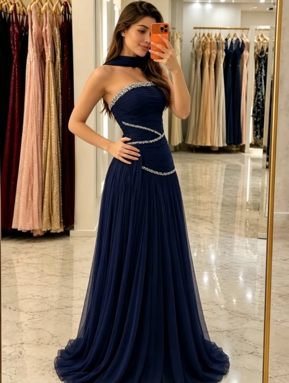 Stunning Navy Blue A Line Strapless Shiny Rhinestone Chiffon Prom Dress Evening Dress DP5634