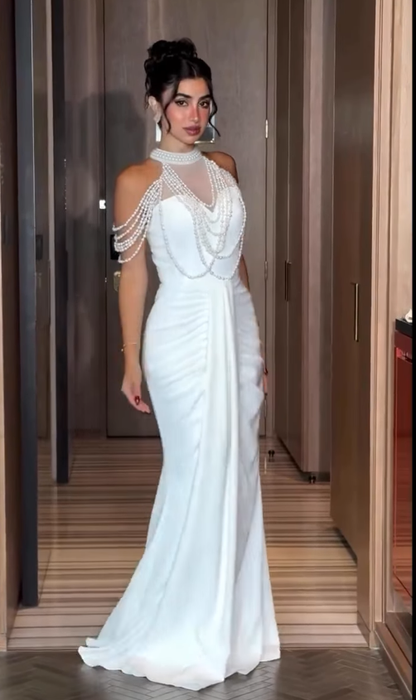 Elegant Mermaid Halter Pearl White Satin Long Prom Dress Evening Dress DP4332