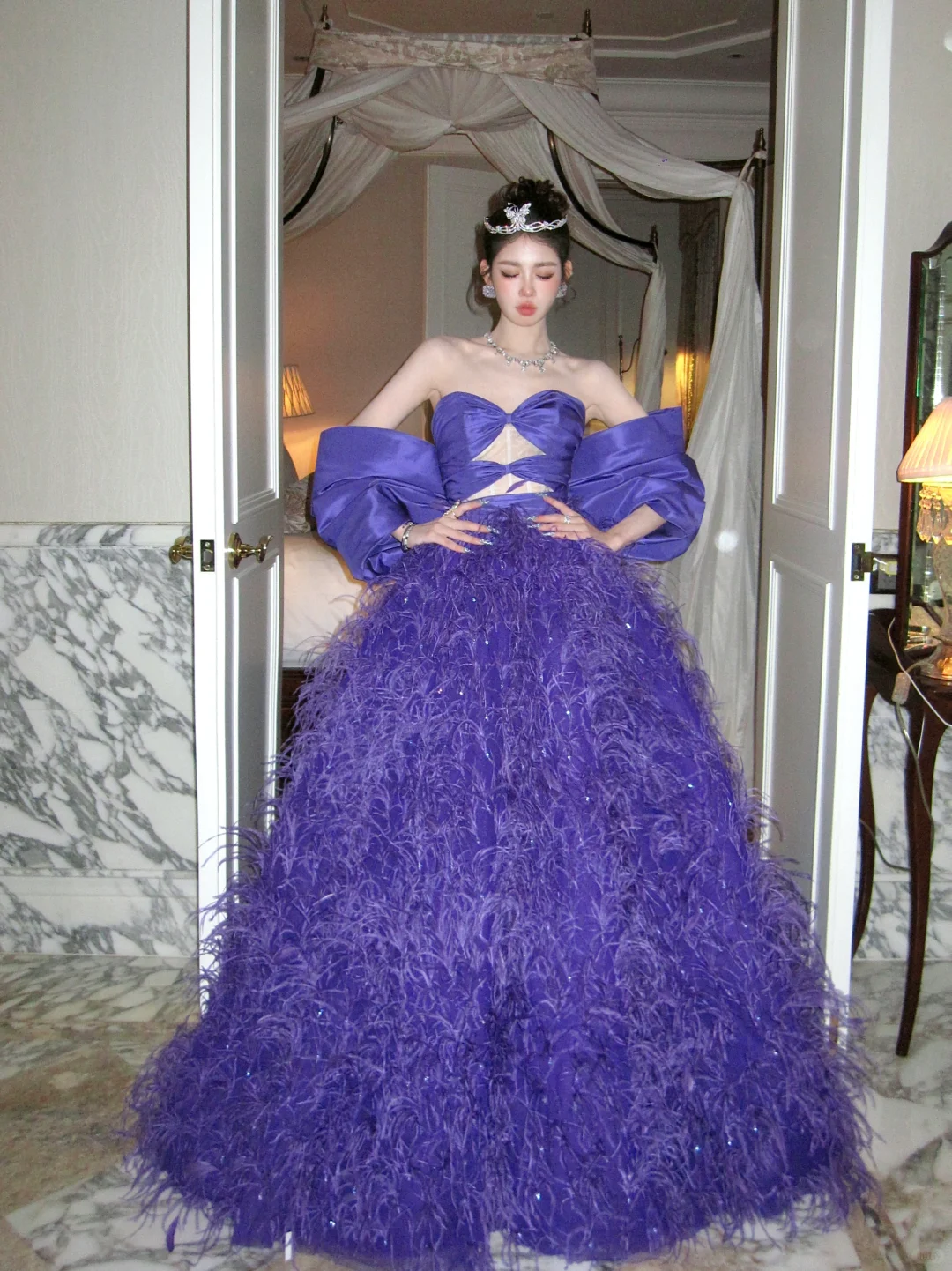 Charming A Line Sweetheart Neck Grape Purple Feather Satin Ball Gown Prom Dress DP2521