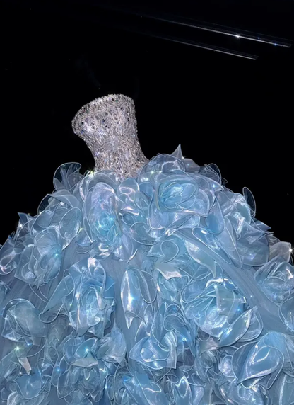 Blue Ball Gown Strapless Exquisite Rhinestone Unique Organza Prom Dress DP4633
