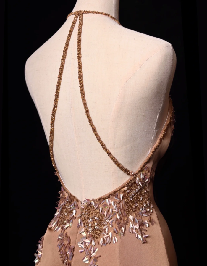 Vintage Brown A Line Straps Beaded Sequin Satin Short Homecoming Dress DP4469