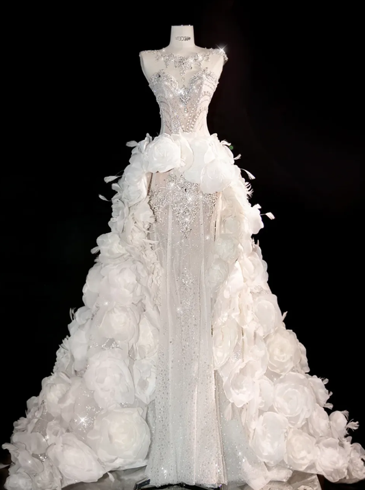 White Flower Exquisite Mermaid Rhinestone Tulle Strapless Prom Dress Evening Dress Party DressDP3100