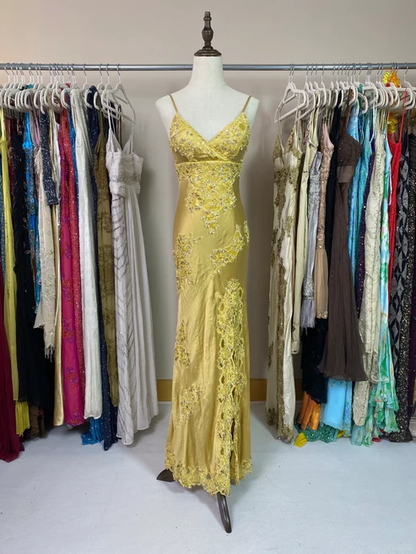 Barbie Pink Gold Appliques Sequin Satin Prom Dress Date Dress Evening Dress with Slit DP2910