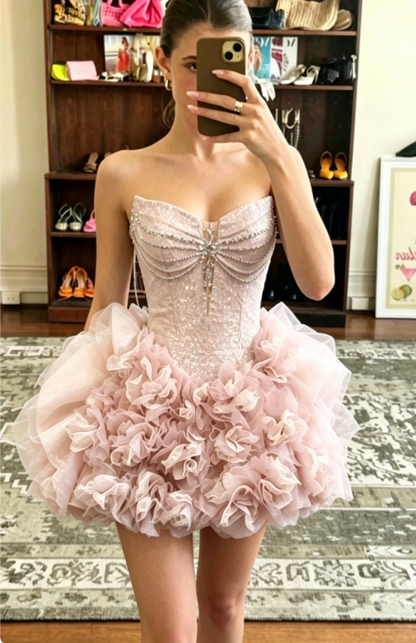 Gorgeous A Line Strapless Rhinestone Sequin Tulle Short Homecoming Dress Cocktail Dress DP2641