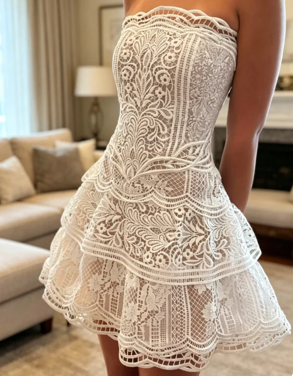 Sexy Strapless Birthday Dress A-Line Lace Homecoming Dress White Party Dress DP7544