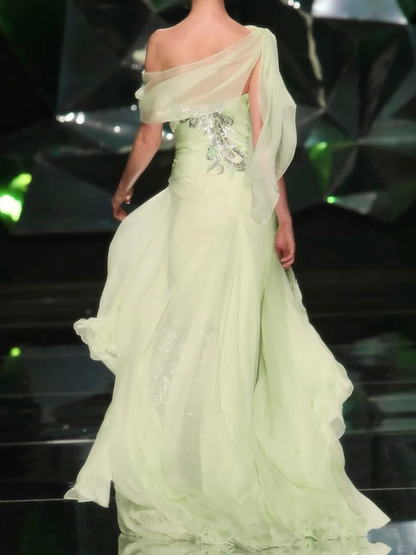 Green A Line Sweetheart Neck Beaded Sequin Lace Chiffon Long Prom Dress DP4496