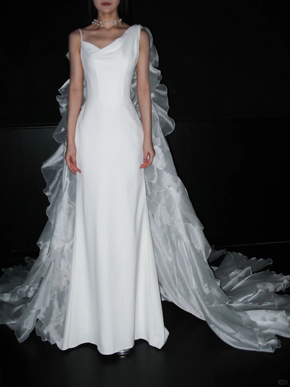 Unique A Line Spaghetti Strap White Ruffle Tulle Satin Long Train Wedding Dress DP8102