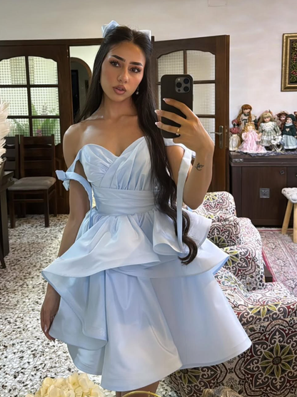 Baby Blue A Line Off the Shoulder Pleated Satin Short Homecoming Dress Birthday Dress DP2976