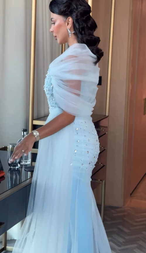 Gentle Blue Mermaid Off the Shoulder Beaded Tulle Prom Dress Evening Dress DP4341