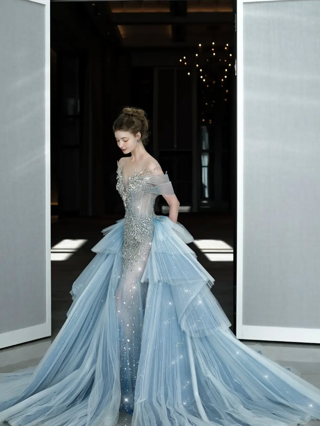 Blue Mermaid Off the Shoulder Exquisite Beaded Sequin Layered Tulle Long Prom Dress Evening Dress DP4685