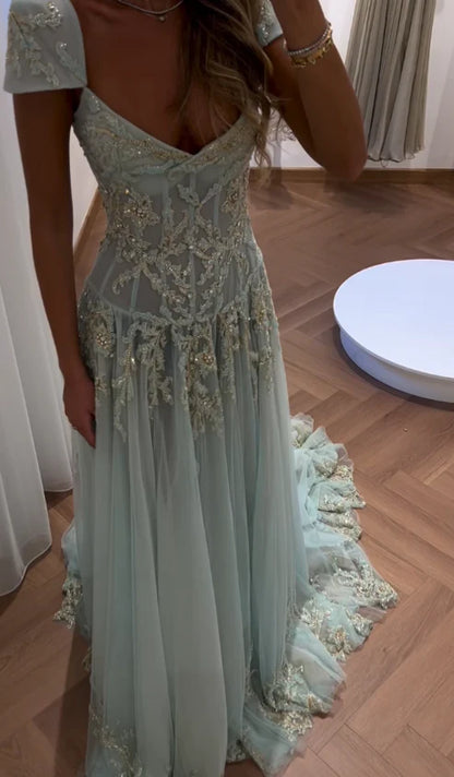 Baby Blue A Line Exquisite Beaded Tulle Prom Dress Wedding Guest Dress DP5741