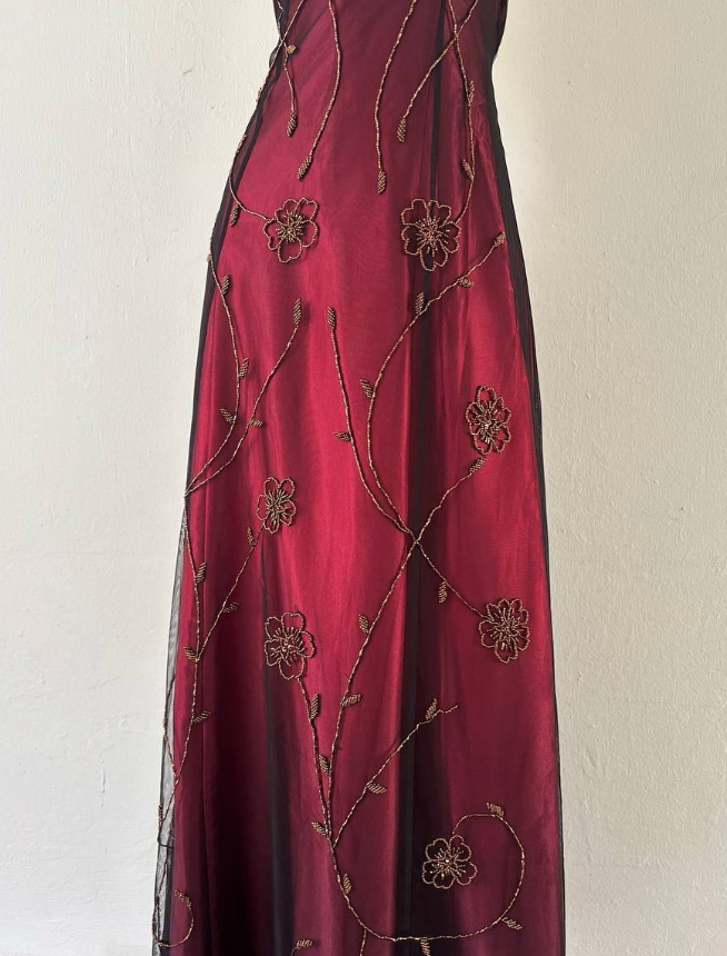 Vintage A Line Halter Beaded Burgundy Satin Black Tulle Prom Dress DP4828