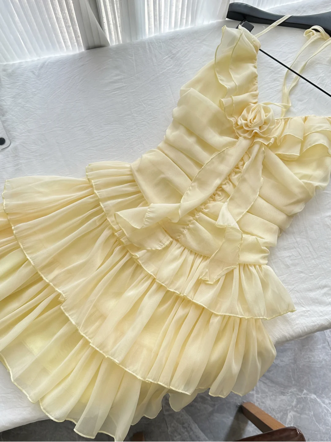 Cute A Line Halter Ruffle Flower Yellow Chiffon Short Homecoming Dress Cocktail Dress DP2568