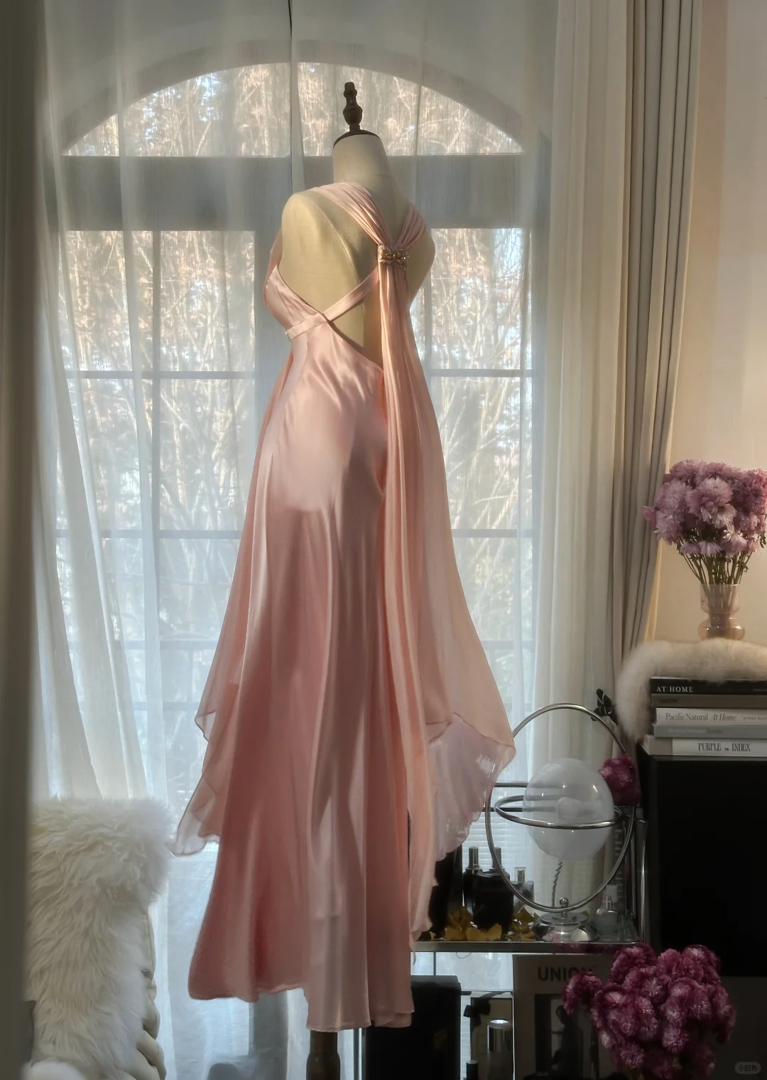 Classy A Line V Neck Beaded Pink Chiffon Satin Long Party Dress Evening Dress DP2471