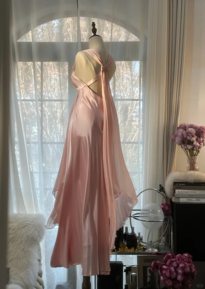 Classy A Line V Neck Beaded Pink Chiffon Satin Long Party Dress Evening Dress DP2471