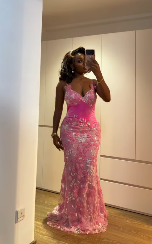 Pink Mermaid Spaghetti Strap Sequin Tulle Long Prom Dress Evening Dress DP7862