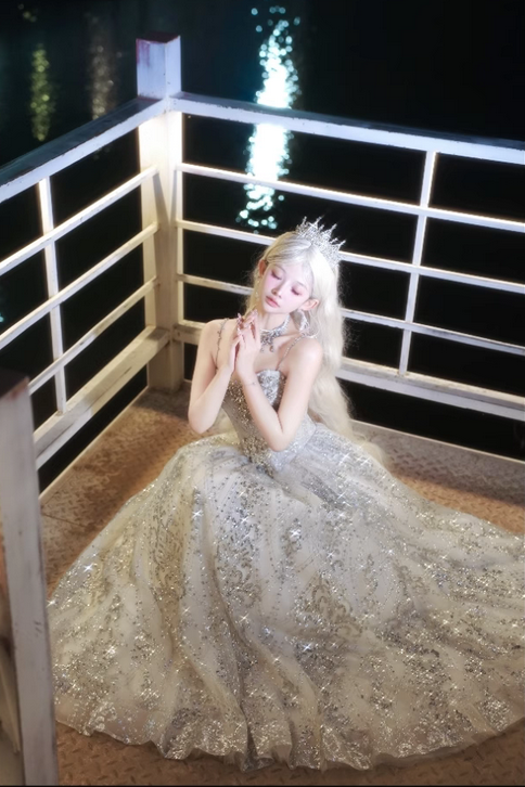 Silver Ball Gown Spaghetti Straps Beaded Sequin Tulle Lolita Goth Boning Dress Prom Dress DP4507