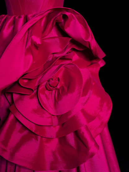Barbie Pink A Line Spaghetti Strap Flower Satin Long Prom Dress Evening Dress DP2129