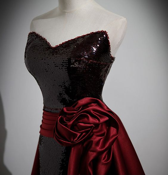 Beautiful Black Sequin Burgundy Satin Flower Prom Dress Mermaid Evening Dress DP113