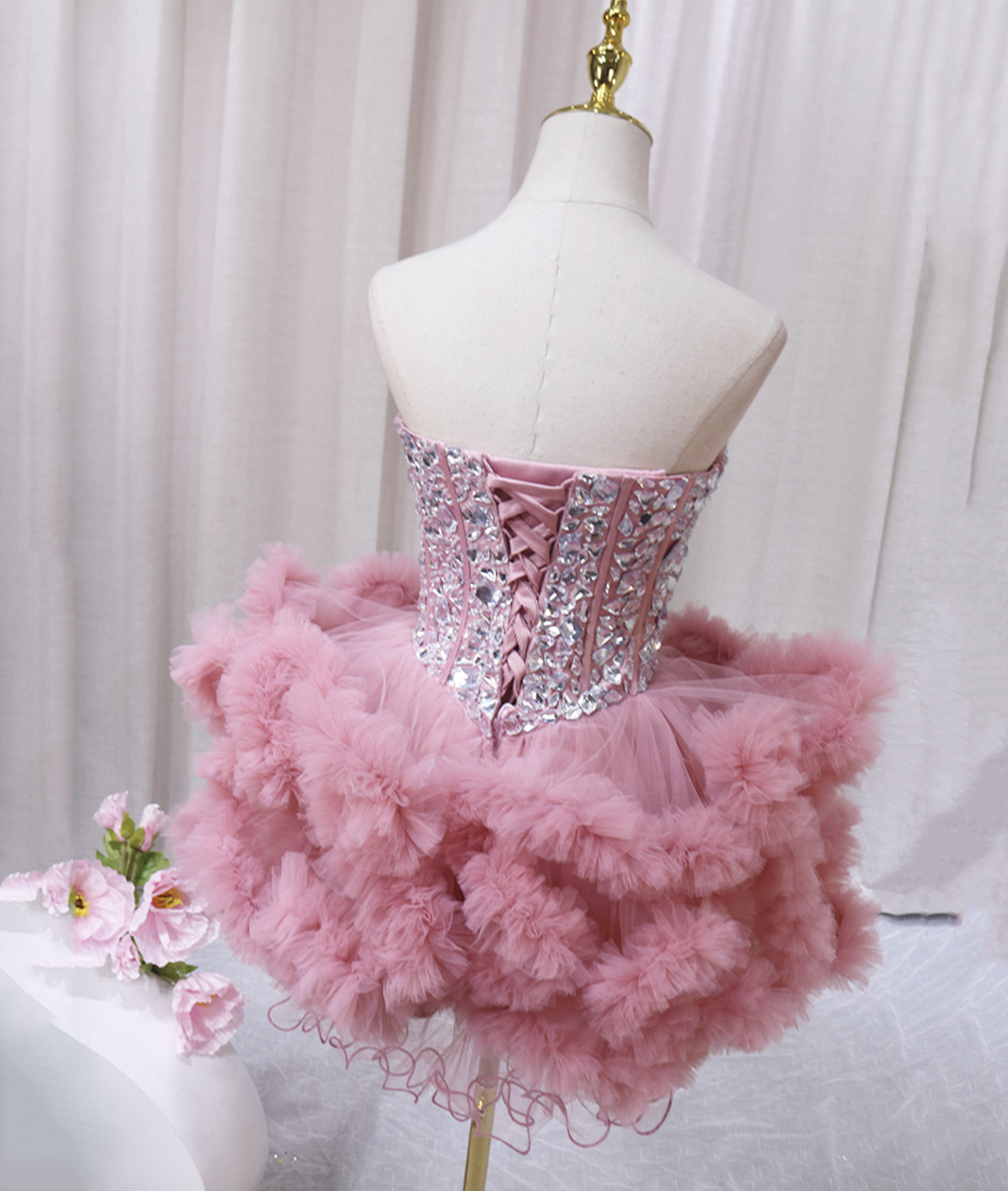 Pink Beaded Tulle Pleated Homecoming Dress Cocktail Dress DP358