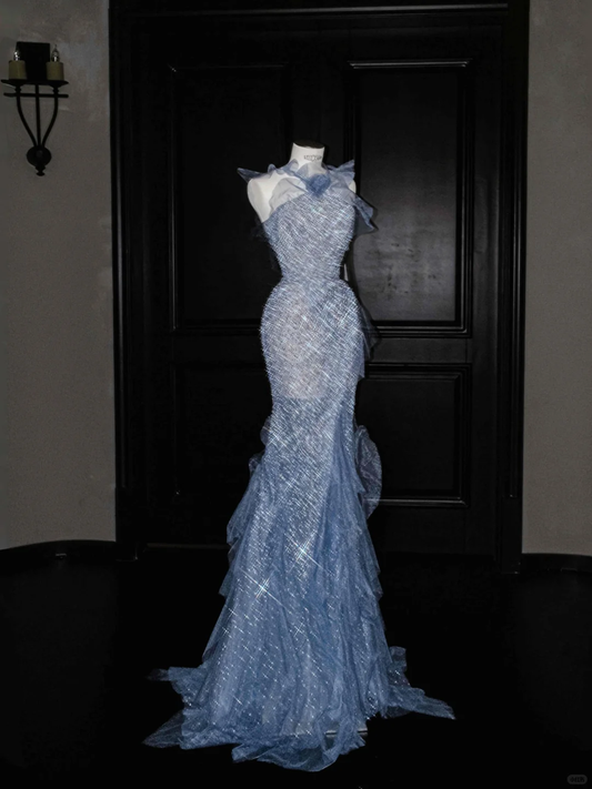 Elegant Mermaid Halter Blue Ruffle Sequin Prom Dress Party Dress DP2687