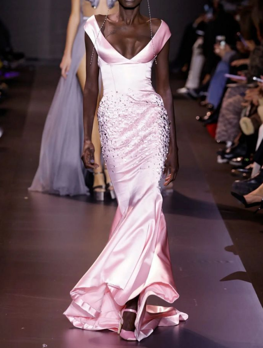 Elegant Mermaid V Neck Rhinestone Pink Satin Long Prom Dress Graduation Prom Dress DP2042