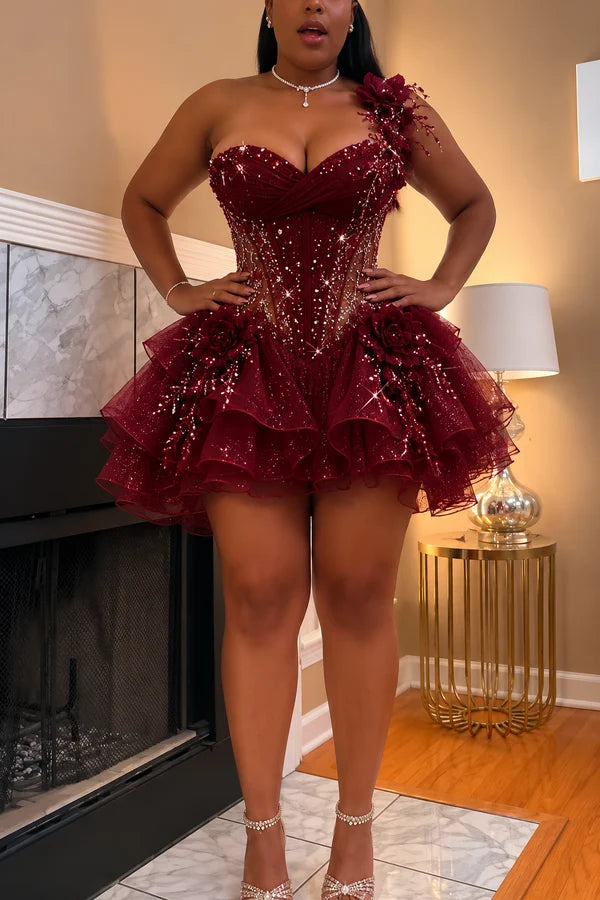 Pretty Short Burgundy Prom Dress A-Line Beaded Tulle Homecoming Dress One-shoulder Birthday Party Outfit DP7552