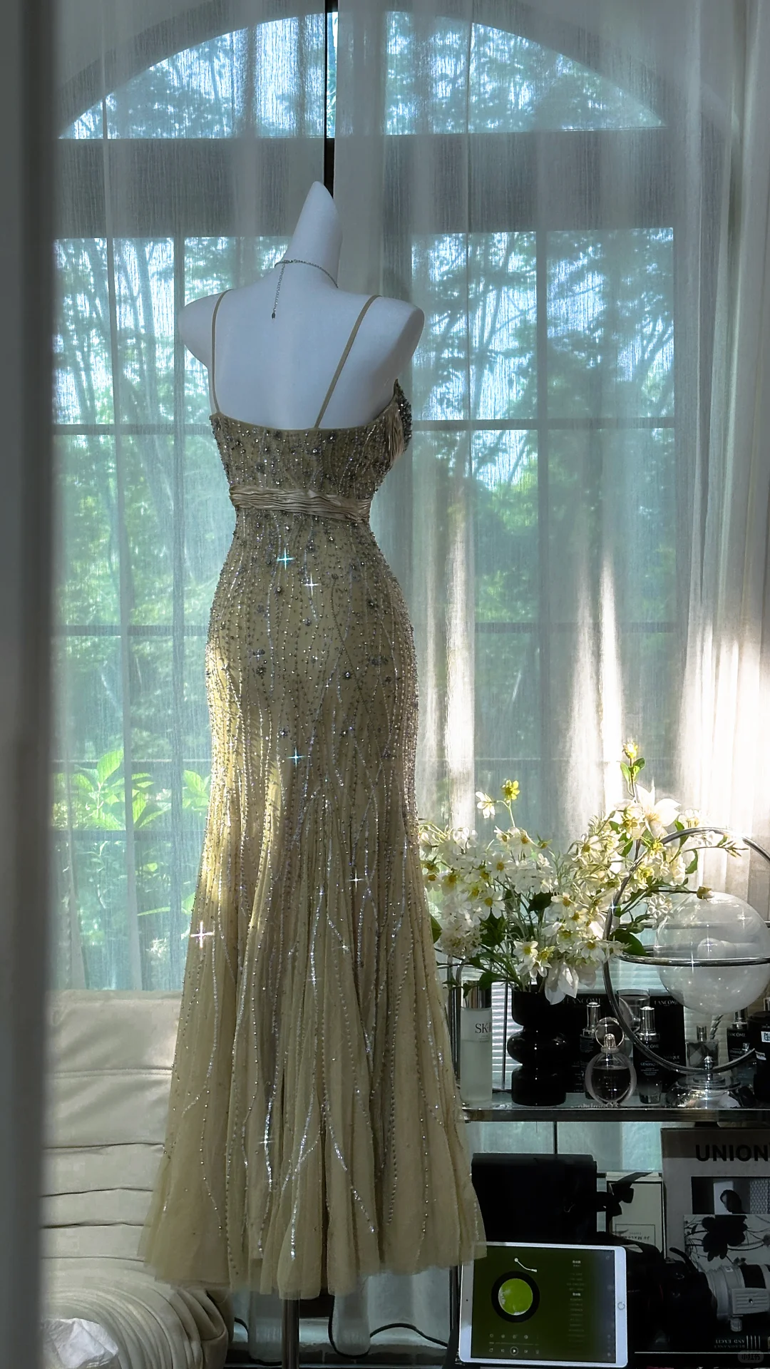 Vintage Mermaid V Neck Beaded Olive Green Tulle Prom Dress Party Dress DP3704