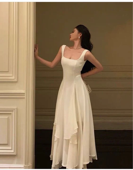 White Elegant Irregular Chiffon Hem Long Prom Dress Evening Dress DP695