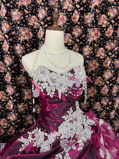 Vintage Pink Purple Ball Gown Strapless Lace Ruffle Tulle Prom Dress Sweet 16 Dress DP5658