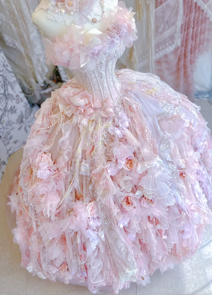 Pink Ball Gown Sweetheart Neck Floral Beaded Layered Tulle Prom Dress 16th Birthday Dress DP3772
