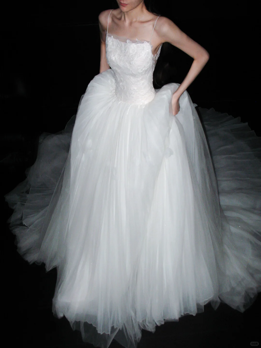 Backless Unique Ball Gown Straps White Lace Applique Tulle Long Wedding Dress DP6382