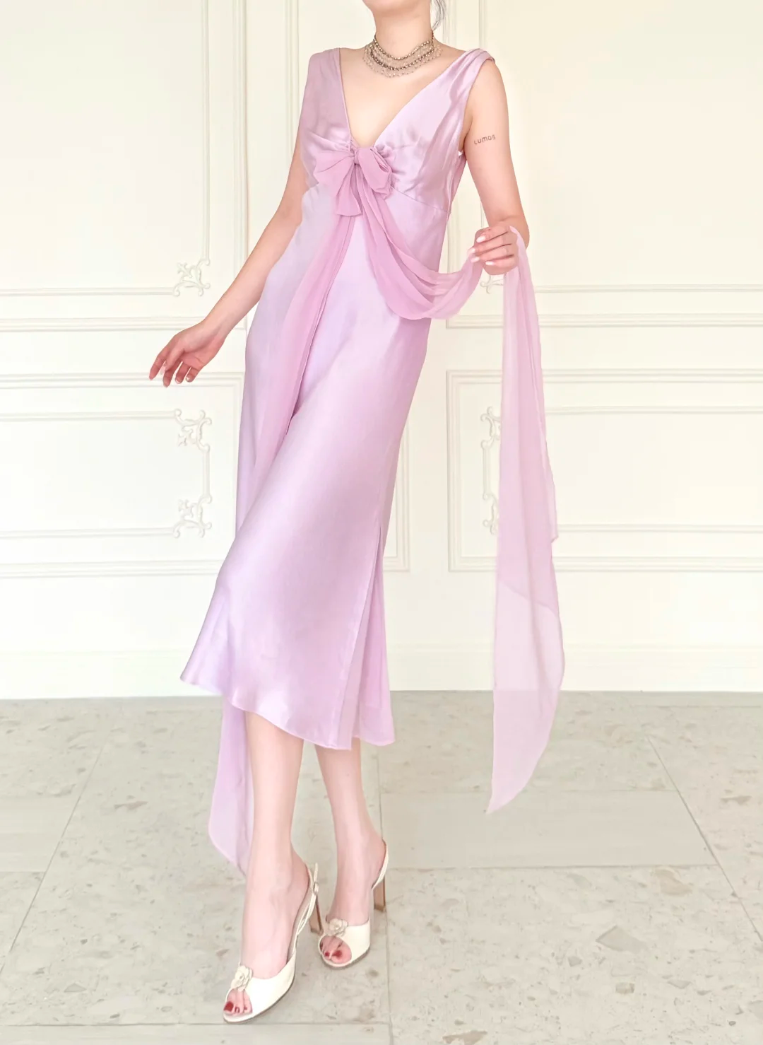 Gentle Light Purple A Line V Neck Chiffon Satin Prom Dress Evening Dress DP6442