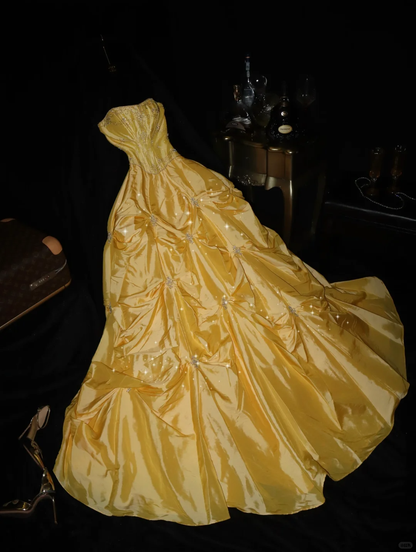 Dazzling Yellow A Line Sweetheart Neck Beaded Satin Prom Dress Party Evening Dress DP5333