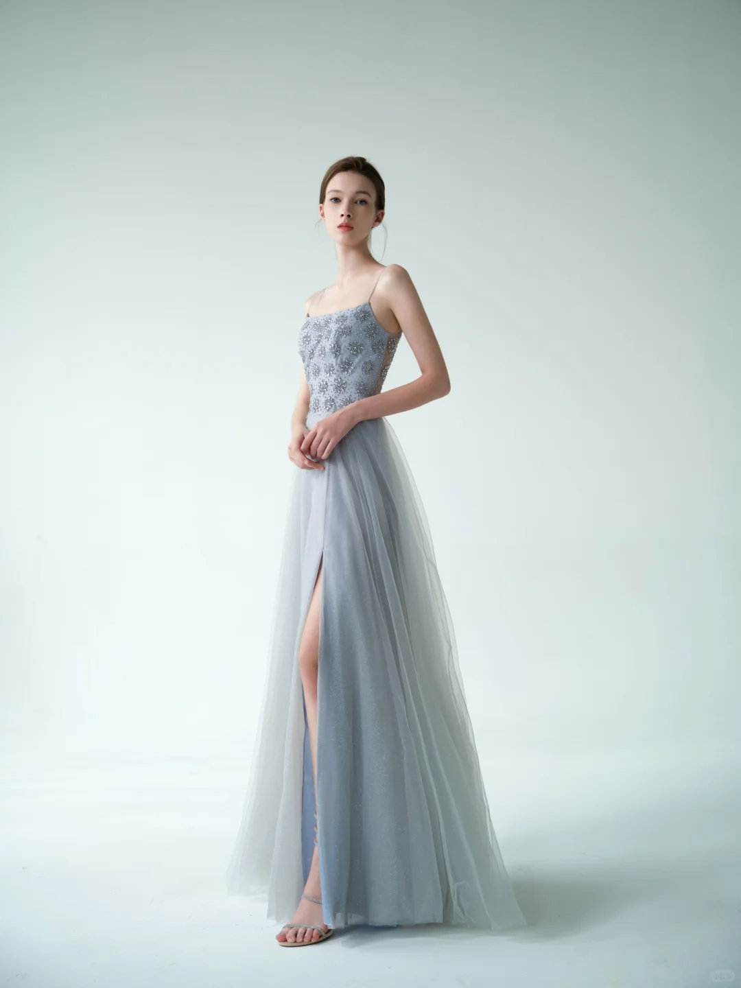 Blue A Line Spaghetti Strap Exquisite Beaded Tulle Prom Dress Evening Dress DP3738