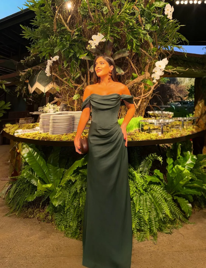 Emerald A Line Off the Shoulder Satin Long Prom Dress Evening Dress with Slit DP6929