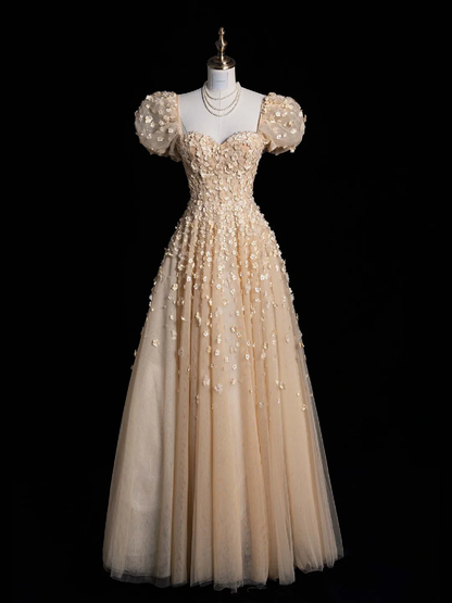 Cute A Line Puff Sleeve 3D Flower Champagne Tulle Long Prom Dress Graduation Prom Dress DP2011