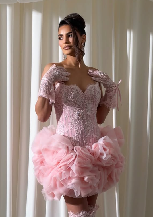 Princess Pink A Line Strapless Lace Tulle Short Prom Dress Homecoming Dress DP6209