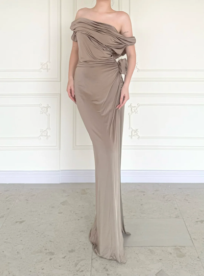 Simple Brown Vintage Sheath Straps Satin Long Prom Dress DP5069