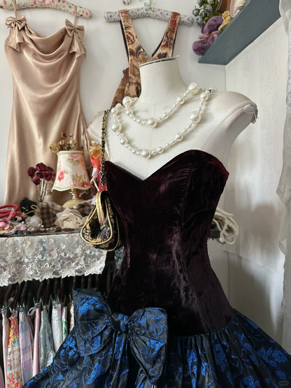 Vintage A Line Blue Print Floral Velvet Tea Length Prom Dress Evening Dress DP5418